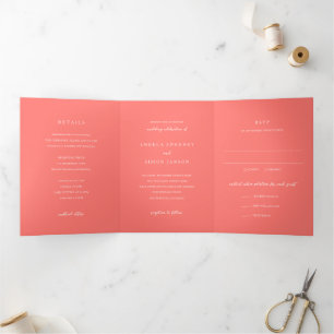 Modern Bold Vibrant Coral Simple Wedding Tri-Fold Invitation