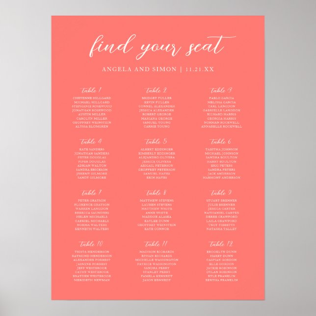 Modern Bold Vibrant Coral Wedding Seating Chart (Front)