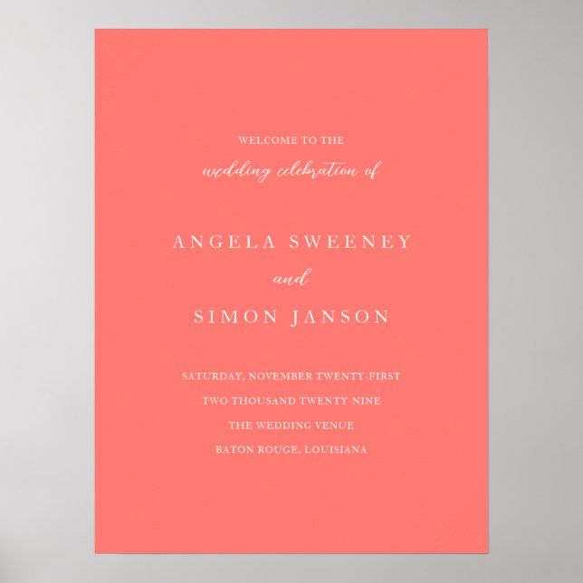 Modern Bold Vibrant Coral Wedding Welcome Sign (Front)