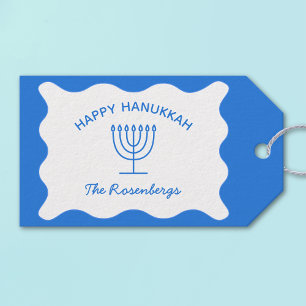 Modern Bold Wavy Border Personalised Blue Hanukkah Gift Tags