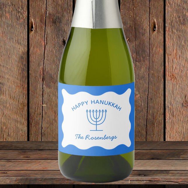Modern Bold Wavy Border Personalised Blue Hanukkah Sparkling Wine Label (Creator Uploaded)