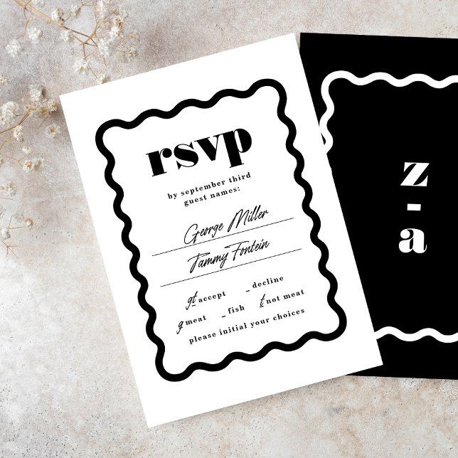 Modern Bold Wavy Frame Black White Wedding RSVP Card (Creator Uploaded)