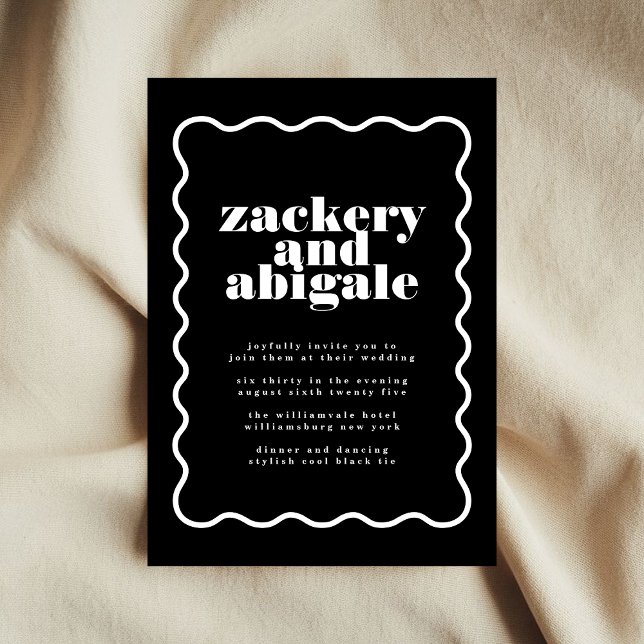 Modern Bold Wavy Framed White Black Wedding Invitation (Creator Uploaded)