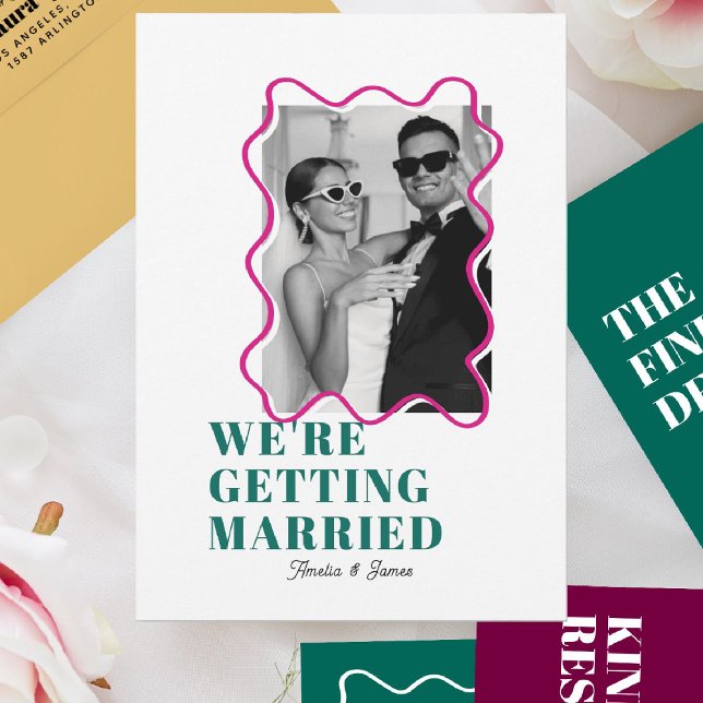 modern Bold Wavy funky Dark Green & Pink Wedding Invitation (Creator Uploaded)
