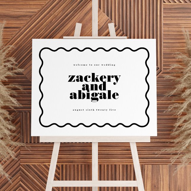 Modern Bold Wavy Line Framed Black White Wedding Poster (Creator Uploaded)