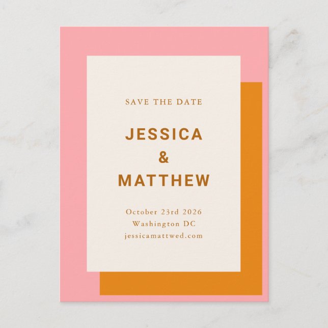 Modern Bold Wedding Save The Date Pink and Orange Postcard (Front)