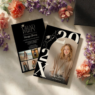 Modern Bold White Black Trendy 6 photos graduation Invitation