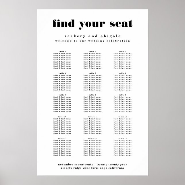 Modern Bold White Black Wedding Seating Chart Sign (Front)