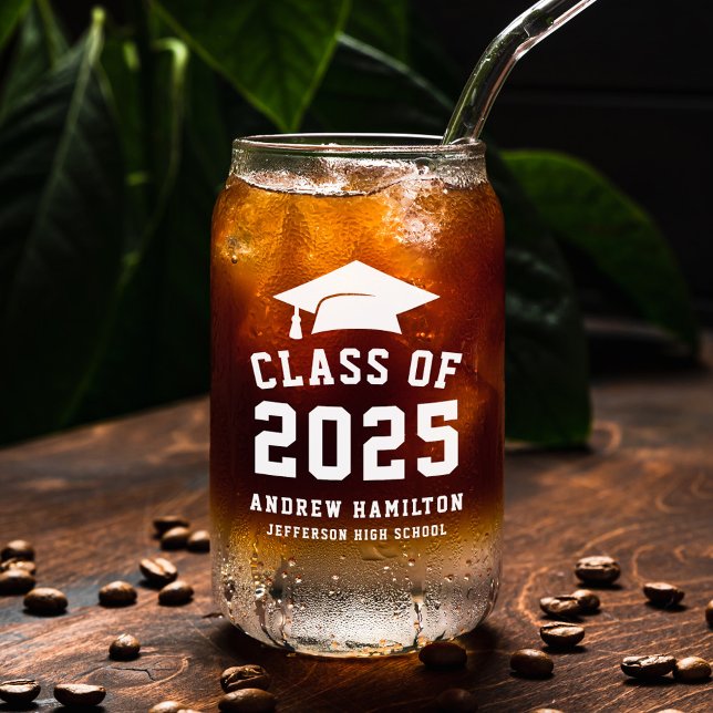 Modern Bold White Class of 2025 Graduation Can Glass (Creator Uploaded)