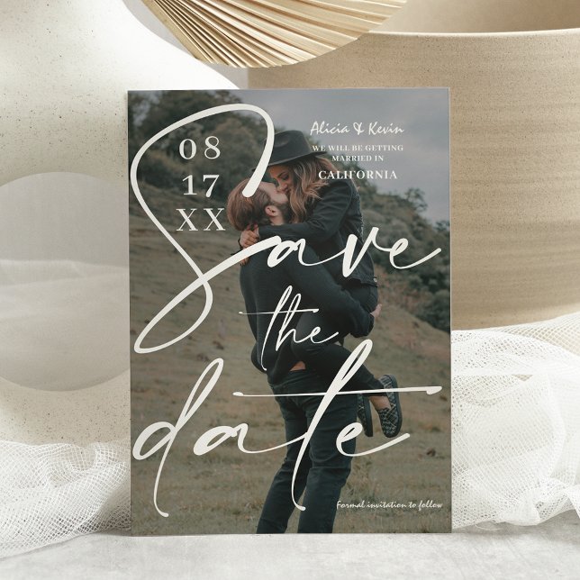 Modern bold white grey script save the date photo (Creator Uploaded)