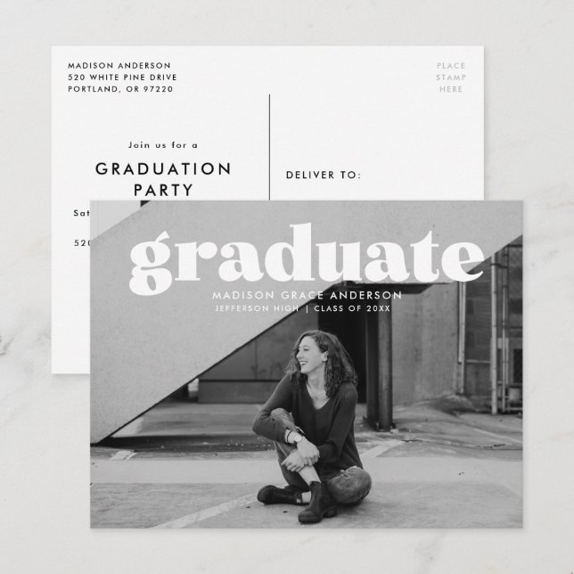 Modern Bold White Overlay Photo Graduation Party Postcard (Front/Back)