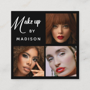 Modern Bold White Script 3 Photo Makeup Square Business Card