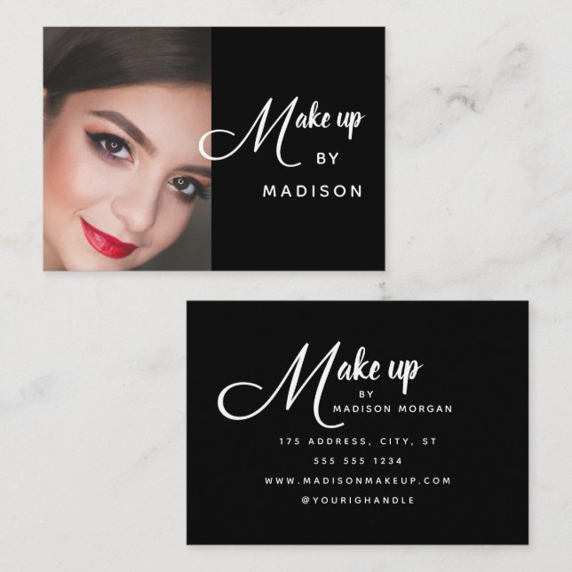Modern Bold White Script Photo Makeup Business Card (Front/Back)