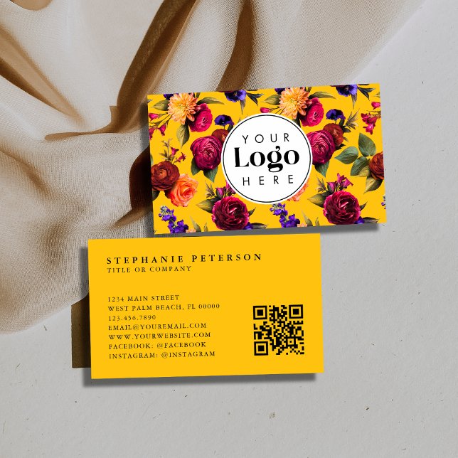 Modern Bold Yellow Floral Custom Logo QR Code Business Card (Creator Uploaded)