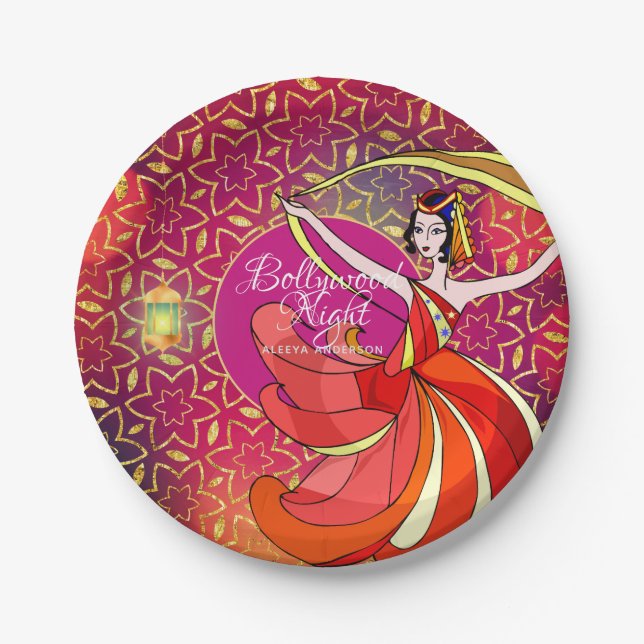 Modern Bollywood Party Dancer Personalised Pink Paper Plate (Front)