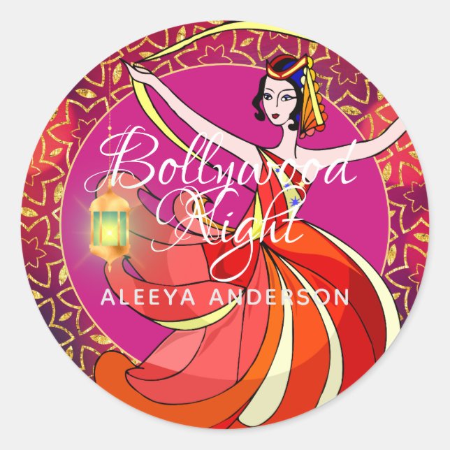 Modern Bollywood Party Dancer Sparkly Personalised Classic Round Sticker (Front)