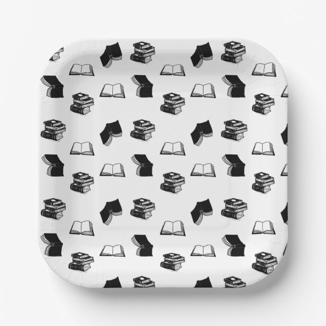 Modern Bookish Bibliophile Book Pattern Paper Plate (Front)