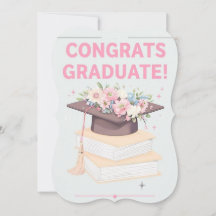 Modern Books And Floral Cap Graduation Card