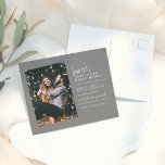Modern Booze Food & Bad Dance Moves Save The Date Postcard<br><div class="desc">A funny save the date theme for a casual wedding! This modern design features a simple slate grey background, white typography, and your custom engagement photo. Message reads "booze, food & bad dance moves" with your names and wedding date below. Feel free to contact me through the button below if...</div>