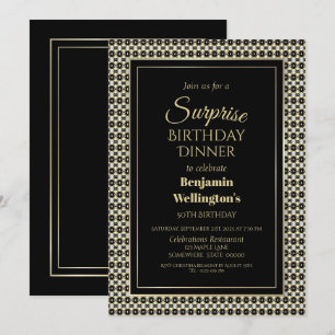 Modern Border Black Surprise 50th Birthday Dinner Invitation