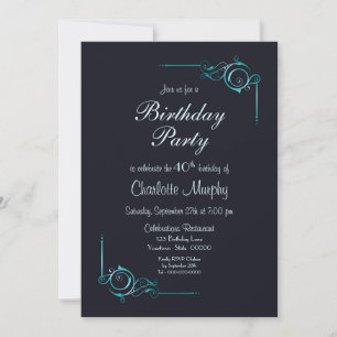 Modern Border Blue 40th Birthday Party Invitation