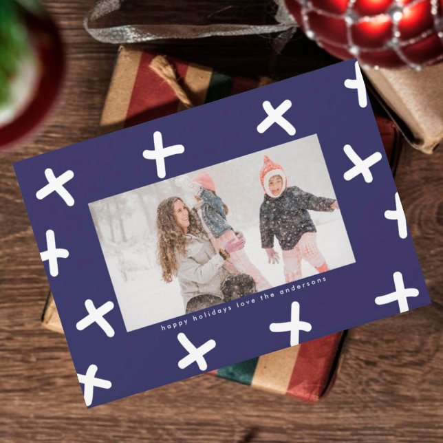 Modern Border  Blue White Christmas Photo Kisses Holiday Card (Creator Uploaded)