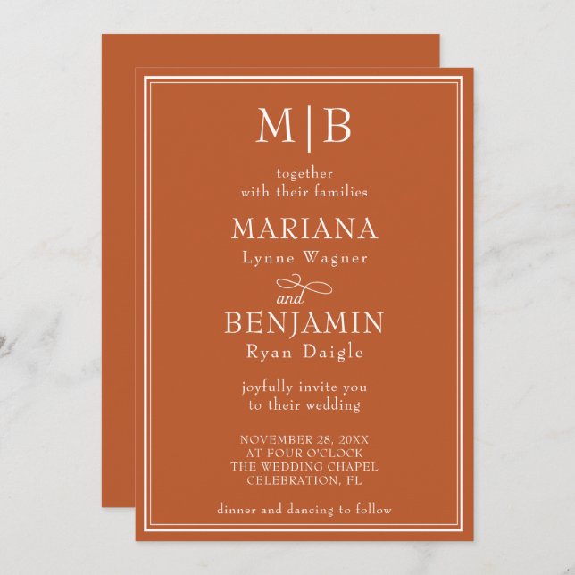 Modern Border Minimalist Boho Terracotta Wedding Invitation (Front/Back)