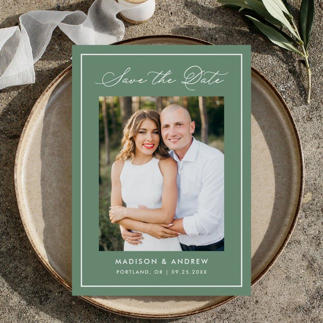 Modern Border Script Sage Green Photo Wedding Save The Date (Creator Uploaded)