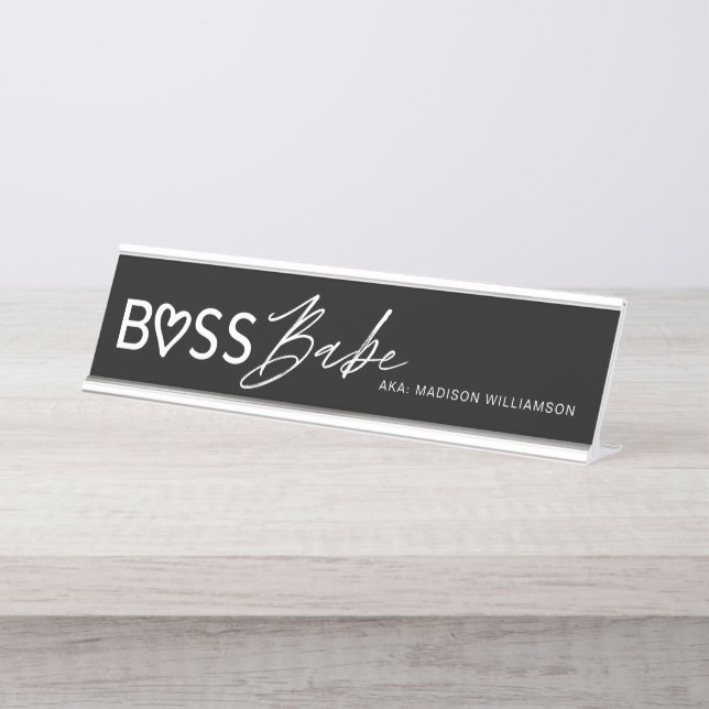 Modern Boss Babe Stylish Black & White Desk Name Plate (Front)