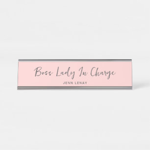 Modern Boss Blush Pink Grey Script Personalized Desk Name Plate