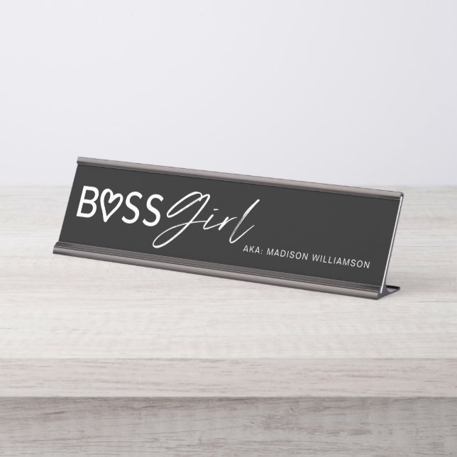 Modern Boss Girl Stylish Black & White Desk Name Plate (Front)