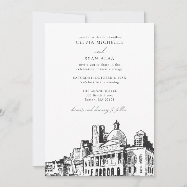 Modern Boston Wedding Skyline Sketch Black & White Invitation (Front)