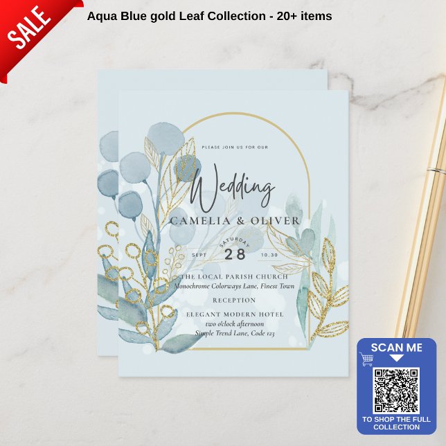 Modern Botanica; Aqua SeaGlass Gold Wedding Invite (Creator Uploaded)