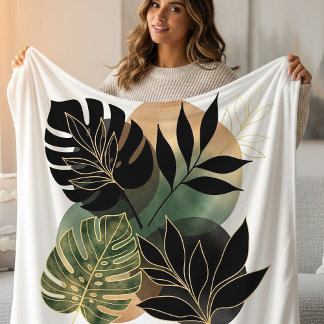 Modern Botanical Abstract Art Black and Gold Leave Fleece Blanket