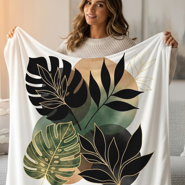 Modern Botanical Abstract Art Black and Gold Leave Fleece Blanket (Creator Uploaded)