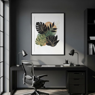Modern Botanical Abstract Art Black and Gold Leave Poster