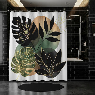 Modern Botanical Abstract Art Black and Gold Leave Shower Curtain