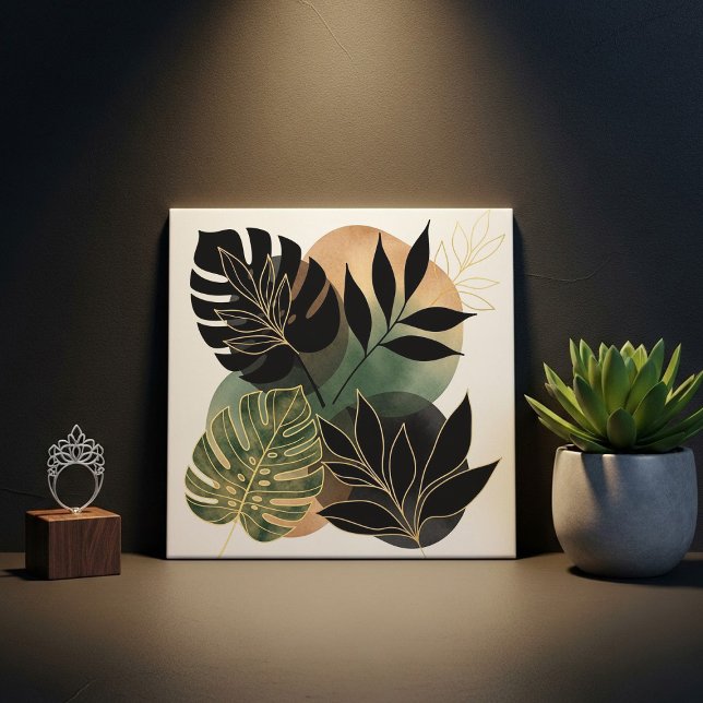 Modern Botanical Abstract Art Black and Gold Leave Tile (Creator Uploaded)