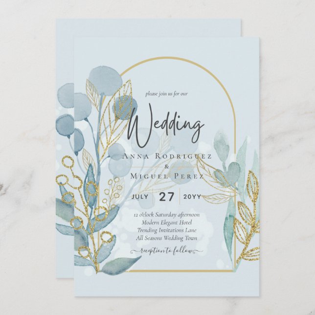 Modern Botanical Aqua SeaGlass Gold Wedding Invite (Front/Back)