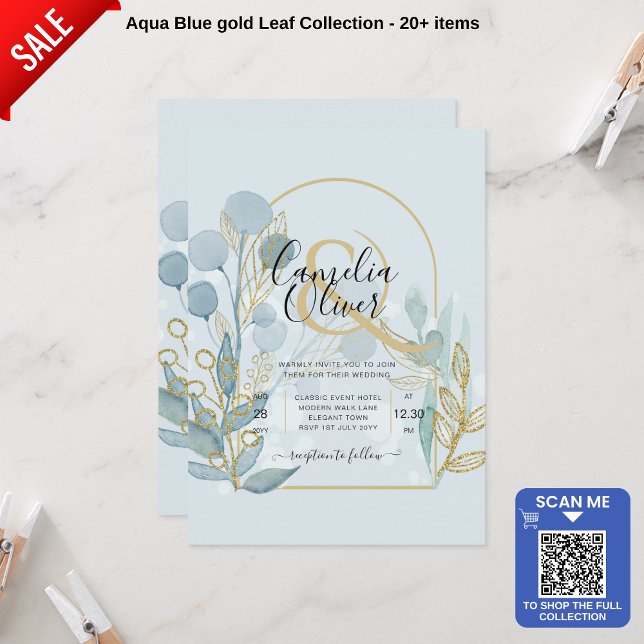 Modern Botanical Aqua SeaGlass Gold Wedding Invite (Creator Uploaded)