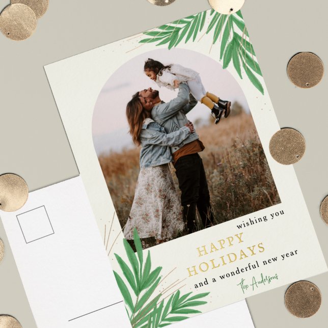 Modern Botanical Arch Greenery Photo   Foil Holiday Postcard (Creator Uploaded)