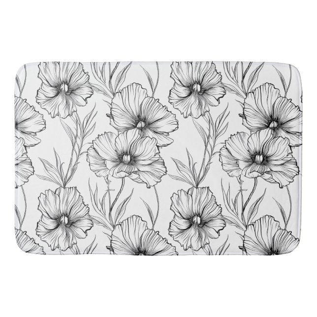 Modern Botanical Black and White Floral Pattern Bath Mat (Front)