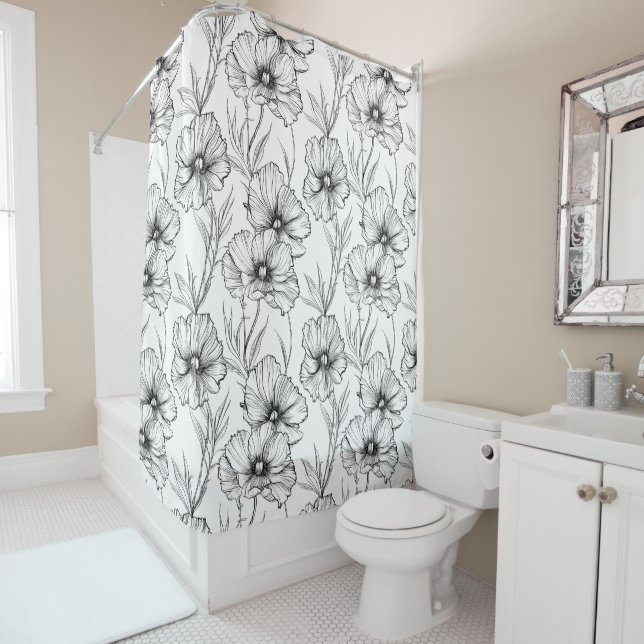 Modern Botanical Black and White Floral Pattern Shower Curtain (In Situ)