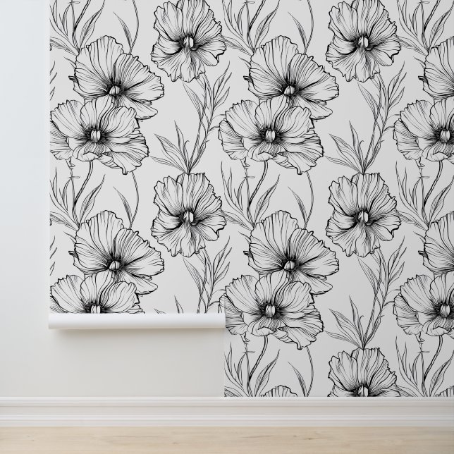 Modern Botanical Black and White Floral Pattern Wallpaper (Application)