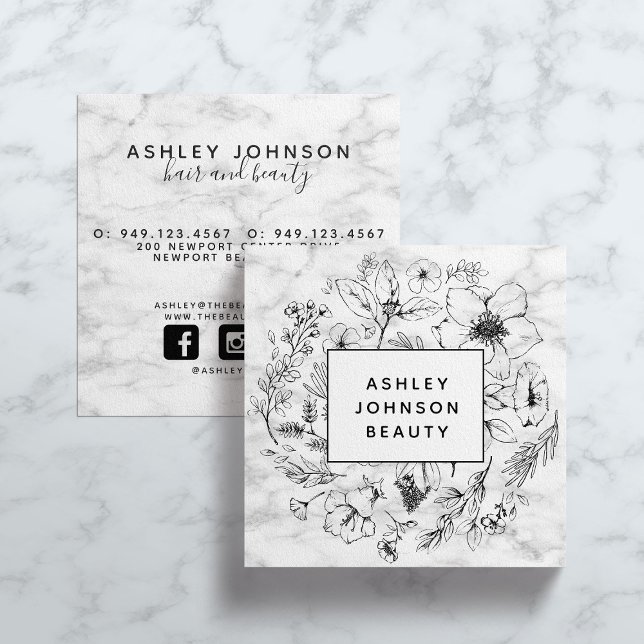 Modern Botanical Black and White Marble Square Business Card (Creator Uploaded)