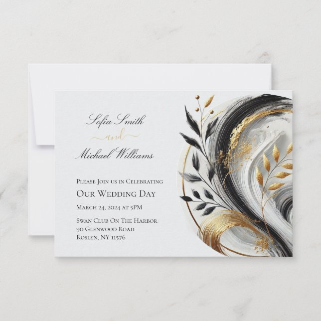 Modern Botanical Black White and Gold Wedding- Inv Invitation (Front)