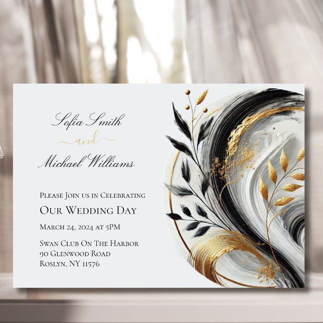 Modern Botanical Black White and Gold Wedding- Inv Invitation (Modern Botanical Black White and Gold Wedding Invitation)