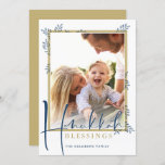 MODERN BOTANICAL blessings frame ferns gold navy Holiday Card<br><div class="desc">by kat massard >>> www.simplysweetPAPERIE.com <<< An elegant, simple botanical photo design. Maximum area to display your beautiful family too! TIPS 1. To resize / reposition the photo hit the "customise it" button. 2. You can also change the fonts, move and add more text! NEED HELP GETTING YOUR PHOTO TO...</div>