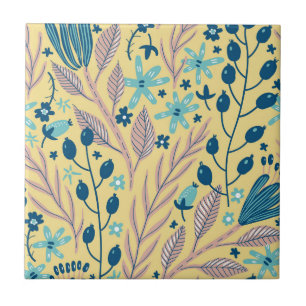 Modern Botanical Blue Floral Pattern on Beige Tile