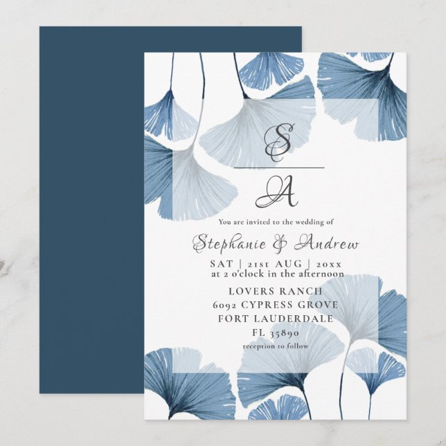 Modern Botanical Blue Gingko Wedding Invitation (Front/Back)